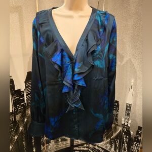 WH|BM New Without Tags satin long sleeve blouse with front ruffle Size Large